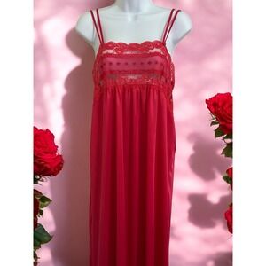 Vintage Hot Pink Long Night Gown Size Large Made In USA Lace Trim And Bust Sexy